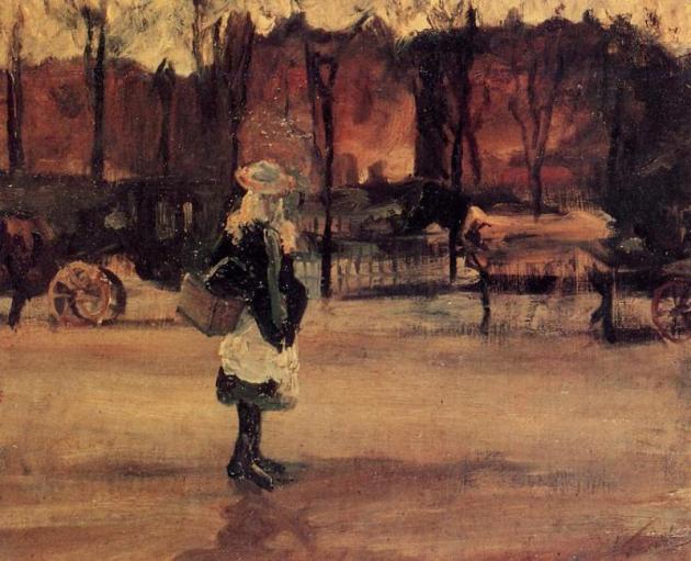 A Girl in the Street Two Coaches in the Background, Vincent van Gogh