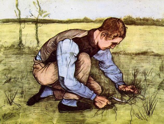 Boy Cutting Grass with a Sickle, Vincent van Gogh painting
